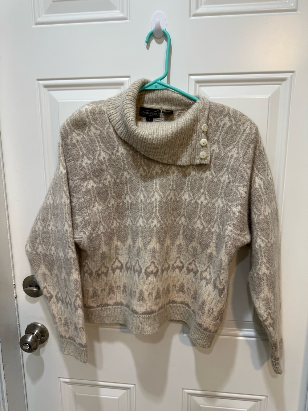 JEANNE PIERRE Neutral Patterned Cowl-Turtleneck Sweater with Button Placket